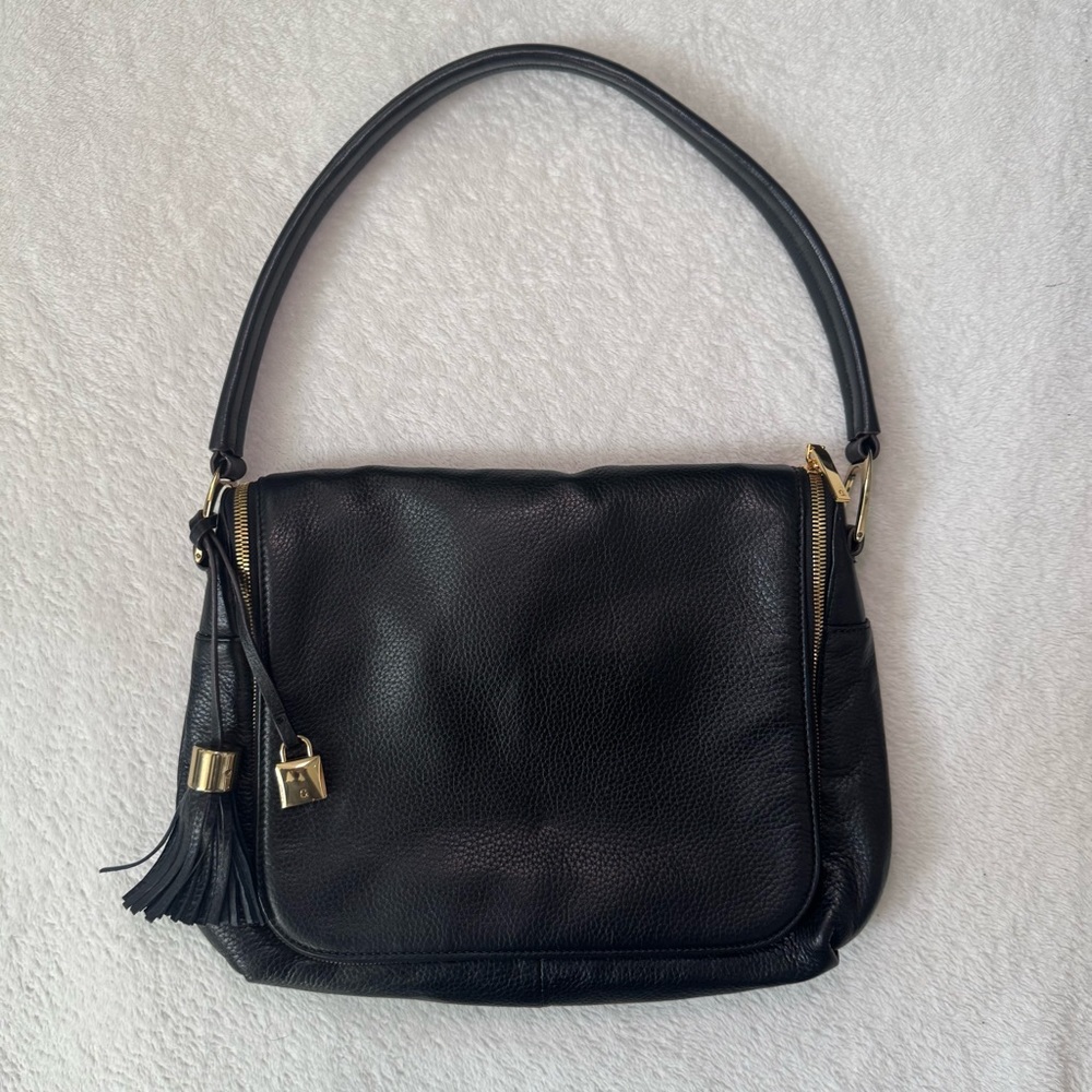 GILI Black Leather Shoulder Bag with Lock and Tassel Bag Charms